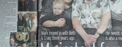 An image of the double page spread in The Daily Mirror. The headline reads 'My instant family' and the main photograph sees Craig, Beth, Mark and Craig and Beth's baby son sat on the couch together smiling at the camera