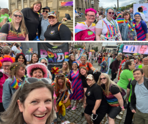 Three photos form a collage - everyone looks really friendly and colourful and are ready to get marching at the muster point in St George's square